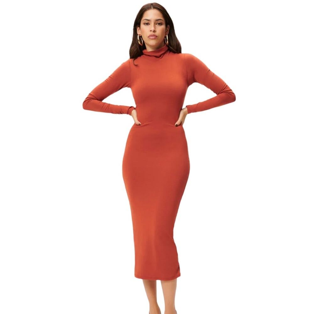 Good American Sundown Dress Brick Mock Collar Long Sleeve Bodycon Midi 3 NWT